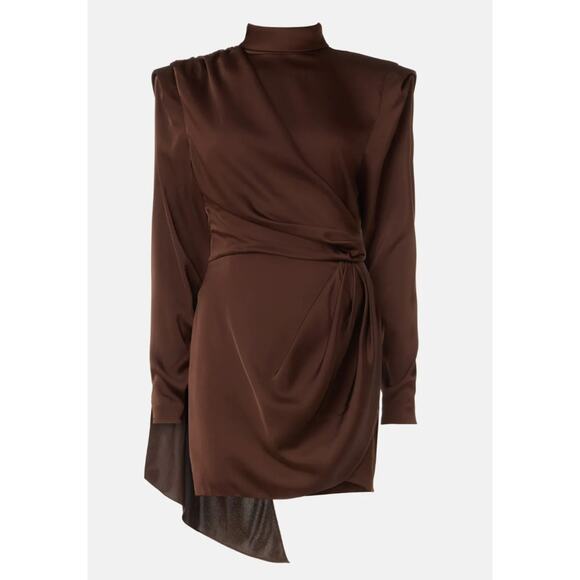 Ronny Kobo Brown Ruched Satin Mockneck Mini Dress XL Cocktail Chic Designer $600 - Picture 3 of 11